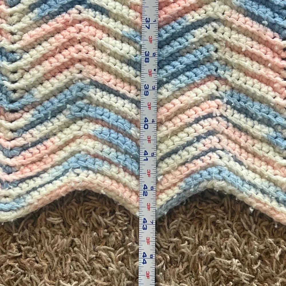 Handmade Crochet Baby Blanket Pink Blue White Chevron Ripple Afghan 42x33